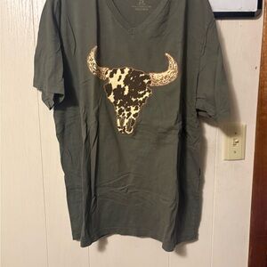 Spirit Olive Green Short Sleeve Tee with Bull Skull Design